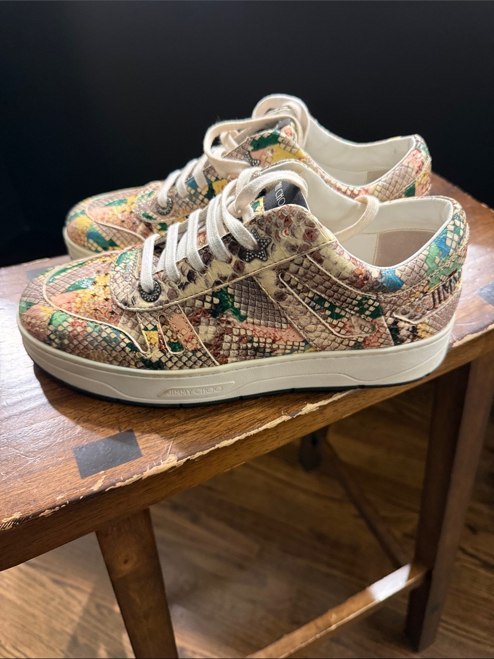 Jimmy Choo Pink, Green & Gold Snake-Print Sneakers